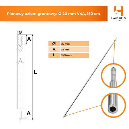 Uziom - Ø20 mm - stal nierdzewna V4A - 1.5 metra - Haus-Held zdjęcie 3
